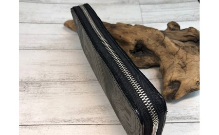 木目調の漉き模様革フルラウンドファスナー財布（黒） ファッション小物 長財布 牛 革製品 
