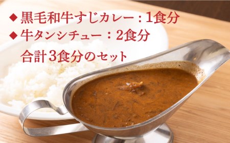 【全3回定期便】 黒毛和牛 牛すじカレー ＆ 牛タンシチュー 毎月3食 長与町/炭火焼肉あおい  [EBW007]  黒毛和牛 カレー かれー レトルト 牛タン 牛たん シチュー しちゅー 簡単 常温 定期便 定期 ていきびん
