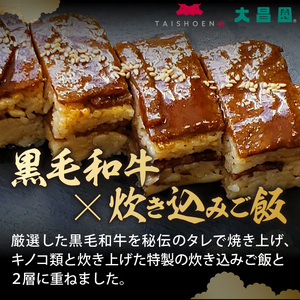 大昌園「黒毛和牛押し寿し 詰め合わせ」340g×3本_肉寿司 340g × 3本 黒毛和牛 押し寿し 詰め合わせ 秘伝のタレ 特製 炊き込みご飯 九州産 牛肉 国産 米 福岡県 久留米市 お取り寄せ お取り寄せグルメ 肉 寿司 食品 食べ物 ご飯 真空パック 和牛 惣菜 箱入り 冷凍 送料無料 〔Ax022〕