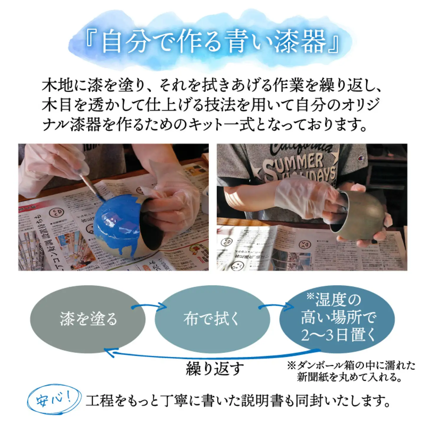 拭き漆のグレーブルー木製漆器キット カップ