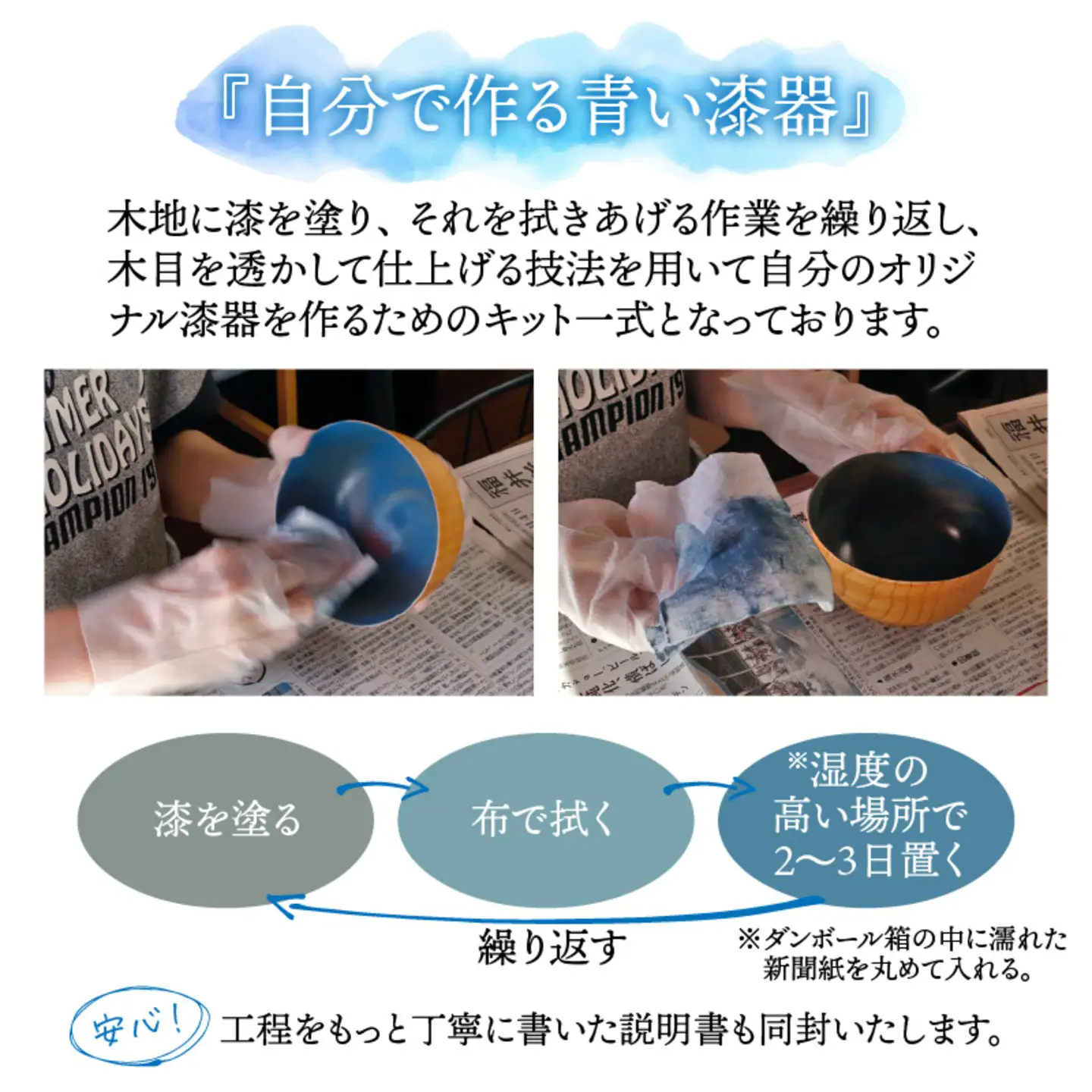 拭き漆のグレーブルー木製漆器キット お椀