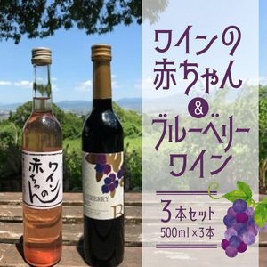 女性に大人気！ワインの赤ちゃん（500ml×2本）・ブルーベリーワインセミドライ（500ml×1本）の3本セット_ワインの赤ちゃん 2本 ブルーベリーワイン 1本 500ml × 3本 セット 初々しい 酸味 果汁っぽい 甘さ ボトルを振る 乳白色 出産祝い 最適 ワイルド ブルーベリー 100% やわらかな甘みと酸味 フルーティー ワイン お取り寄せ 福岡県 久留米市 送料無料 〔Ew004〕
