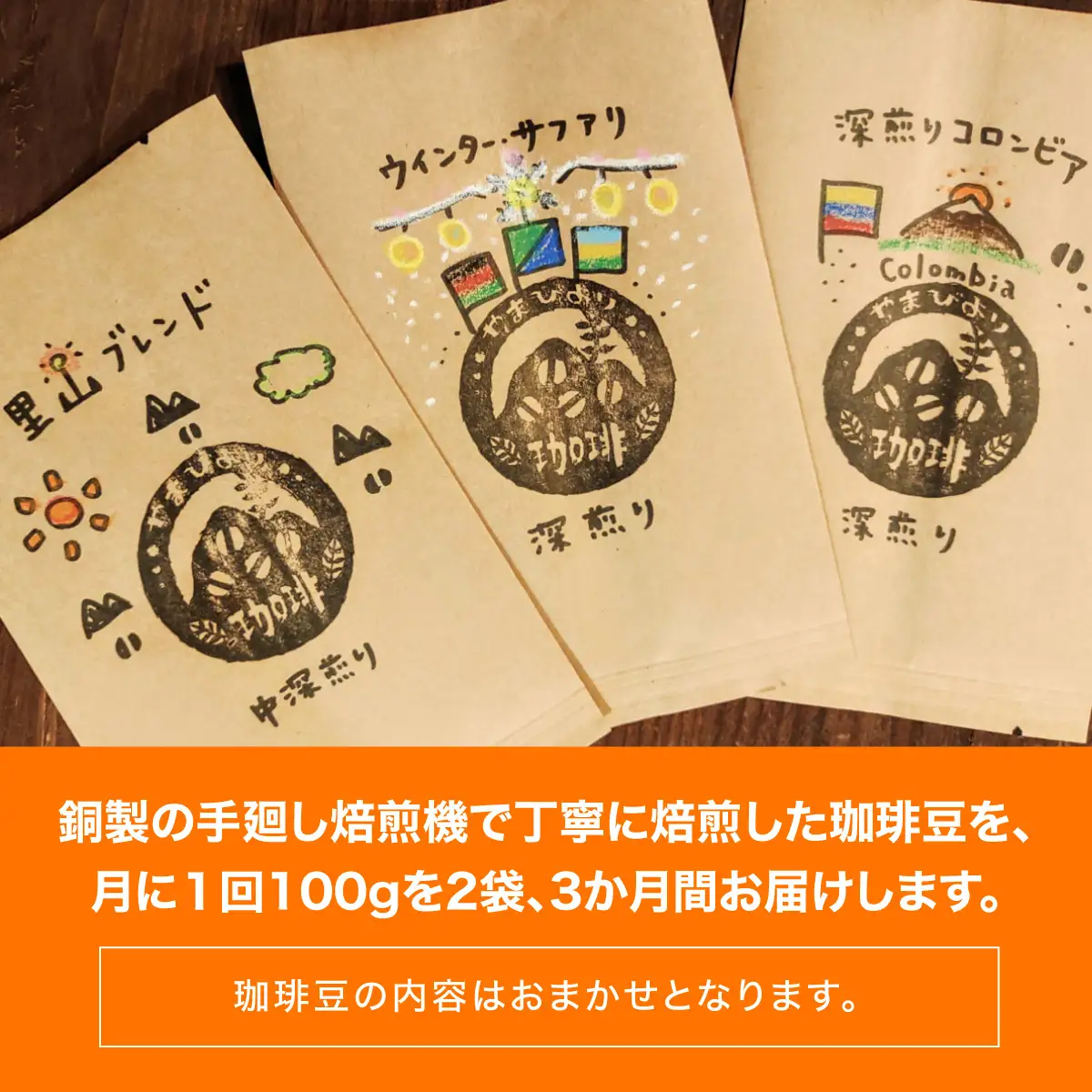 【定期便】【粉にする】やまびより珈琲【珈琲豆100g 2袋×3か月分】 飲み比べ 2種類  HNNAF009