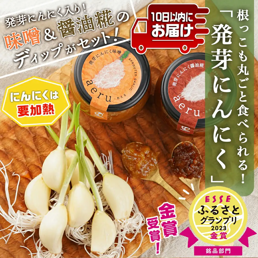 スーパーフード!つまみにんにく&ディップセット ≪みやこんじょ特急便≫〔AA-C902〕_(都城市) 発芽にんにく味噌/発芽にんにく醤油糀 国産にんにく レシピ入り にんにく特有のにおい残りが少ない 冷蔵配送