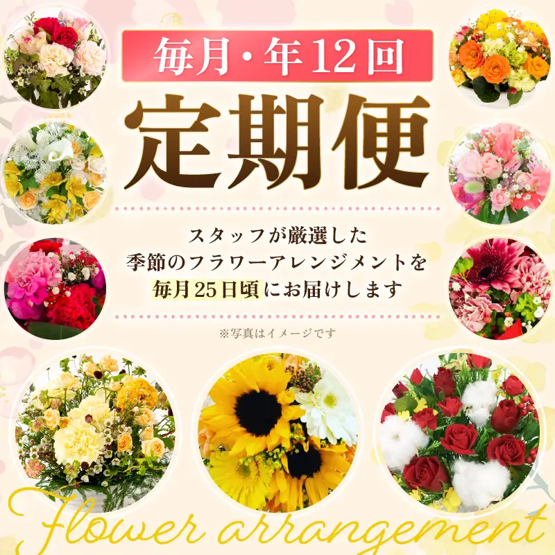 【12ヶ月連続お届け】花の定期便 お楽しみ花 季節のフラワー花のアレンジメント 生花  直ぐに飾れる花 華やか メッセージカード 毎月届く花   簡単手入れ  [e51-l002]