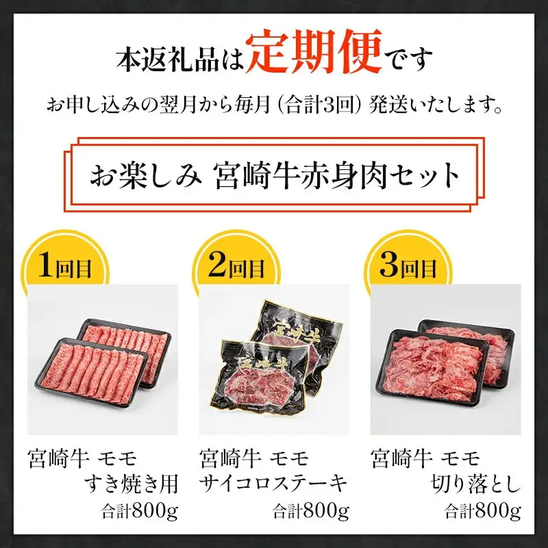 定期便3ヶ月お楽しみ宮崎牛赤身肉セット(計2.4kg) 宮崎牛 赤身 定期便 3回 国産 国産牛 ブランド牛 和牛 赤身肉 セット 詰め合わせ 牛肉 牛 肉 お肉 食べ比べ もも もも肉 サイコロステーキ 切り落とし 切り落し 切落し 冷凍 小分け パック すき焼き 焼肉 ステーキ ギフト グルメ お取り寄せ