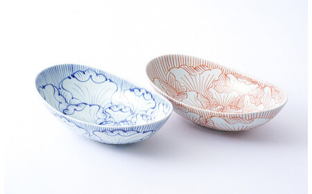 有田焼 花弁紋 25.5cm 楕円鉢（大）青と赤のペアセット 大慶 食器 器 うつわ 陶磁器 皿 ギフト 贈答 35000円 3.5万円 A35-426