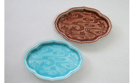 有田焼 春秋彫 色釉変形フラットプレート ペアセット 大慶 A24-54