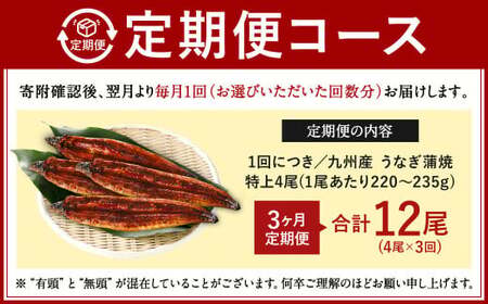 【3ヶ月定期便】九州産 うなぎ 蒲焼 特上 4尾(1尾あたり220～235g)