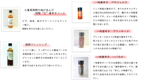 【テレビで紹介されました】 熊野うま辛唐辛子５種セット（一味唐辛子（プリッキーヌ、プサジュエラ、ハバネロ）+生唐辛子+ドレッシング）【kmng0007】