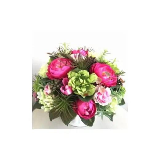 【ギフト用】美流渡の森 アーティフィシャルフラワー・アレンジメント　ピンク、グリーン（ブリキ花器シリーズ）【12203】
