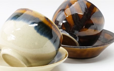 【波佐見焼】Folk Design 二色巻・矢羽根飴釉 丸仙茶碗 湯呑 カップ＆ソーサー ペアセット 食器 皿 【玉有】 [IE19] 波佐見焼