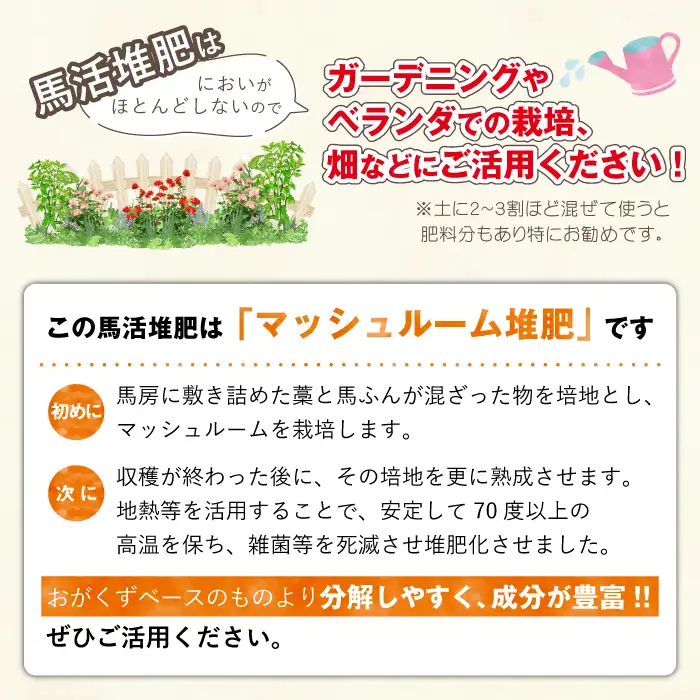 馬活堆肥（マッシュルーム堆肥）22L×1袋 ／ たい肥 たいひ ガーデニング 畑 庭木 家庭菜園 花 植木 植物 庭 農作物 作物 野菜 造園 庭木 果樹 土作り 花壇 苗木 マルチング ベランダ菜園 おすすめ オススメ 【ジオファーム】