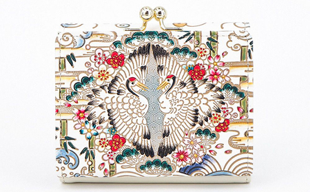 【文庫屋大関】三つ折りミニ財布　むかい鶴【皮革工芸品】 ファッション 小物 民芸品 お札 カード 小銭 手のひらサイズ コンパクト 亀甲文様 牛革 手作り 国産 