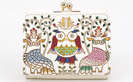 【文庫屋大関】三つ折りミニ財布　ふくろう【皮革工芸品】 ファッション 小物 民芸品 お札 カード 小銭 手のひらサイズ コンパクト 福来朗 福老 商売繁盛 牛革 手作り 国産 