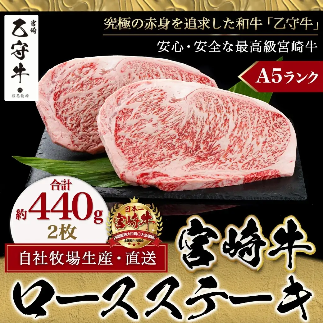 数量限定！【宮崎牛A5】ロースステーキ 計約440g(2枚) (乙守牛)〔26-6501〕_(都城市) 都城産宮崎牛 乙守牛 A5 リブロースもしくはサーロイン 2枚 約440g 真空パック ギフト 贈答用 
