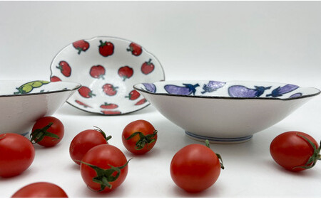 有田焼 野菜畑のボウルセット【ミニトマト・そら豆・なすび】鷹巣瑞光堂 皿食器 器 取り皿 3枚 野菜柄 ボウル 35000円 3.5万円 A35-559