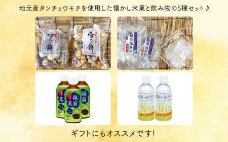 地元の品5種詰め合わせ「なつかし福井の越前ふるさと箱」【あられ かきもち 塩あめ ほうじ茶 自然水】 [e34-a012]