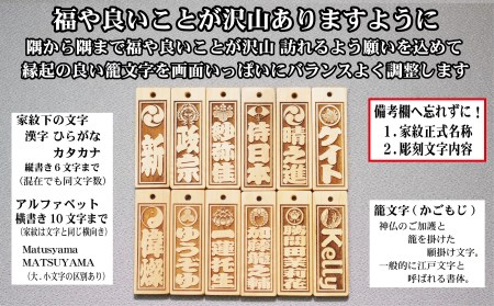 ストラップ・ネックレス〈小〉彫刻木札【家紋入】御蔵島本黄楊（フダヤドットコム.二丁纏）(紐：松葉、和柄：宝づくし)_0043-006-T04-5-1