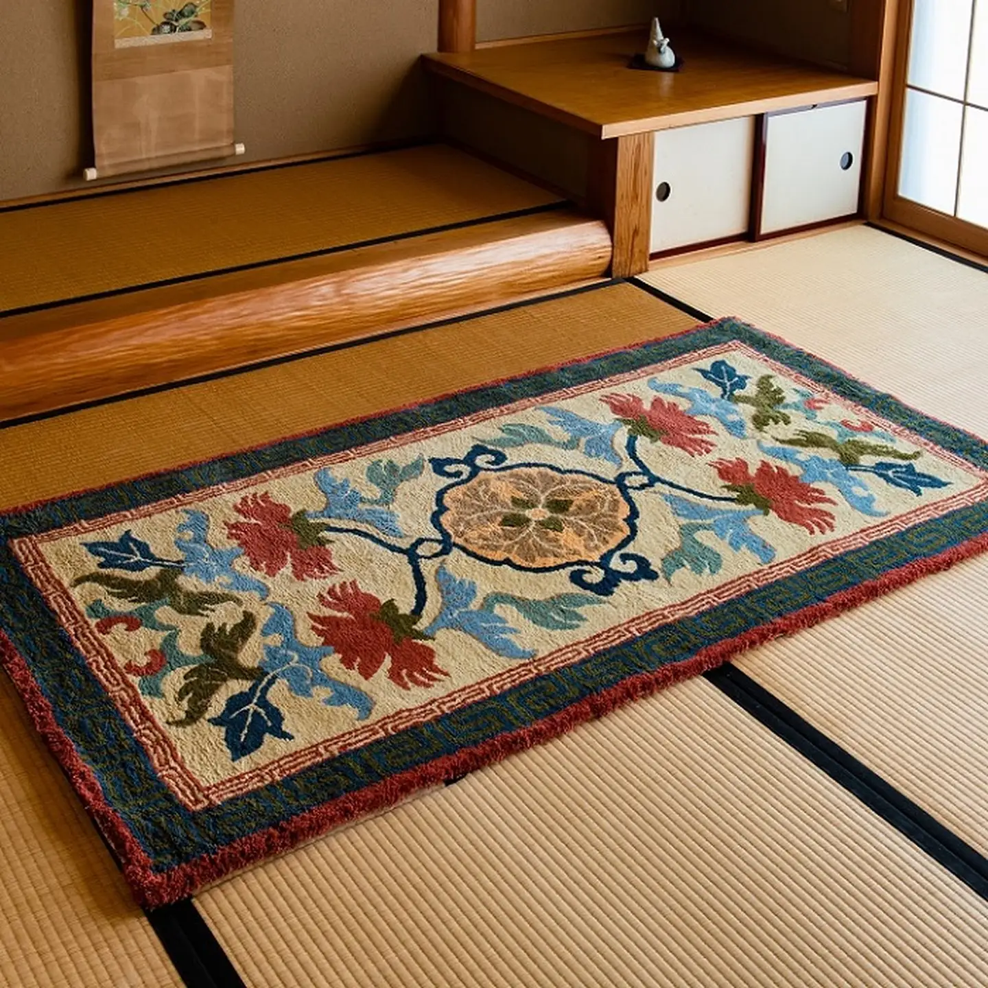鍋島緞通[手刺繍]唐草芍薬文縁二重雷文/灰地緑：D127-005