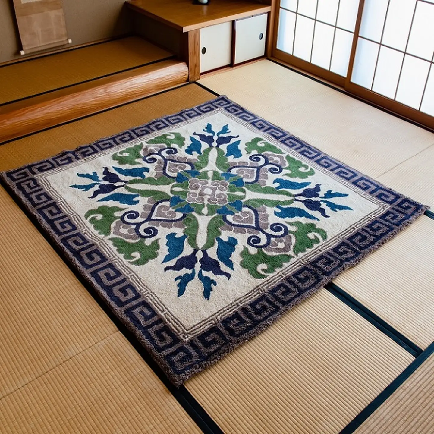 鍋島緞通[手刺繍]蟹牡丹縁二重雷文/灰地 180×180cm：D255-002