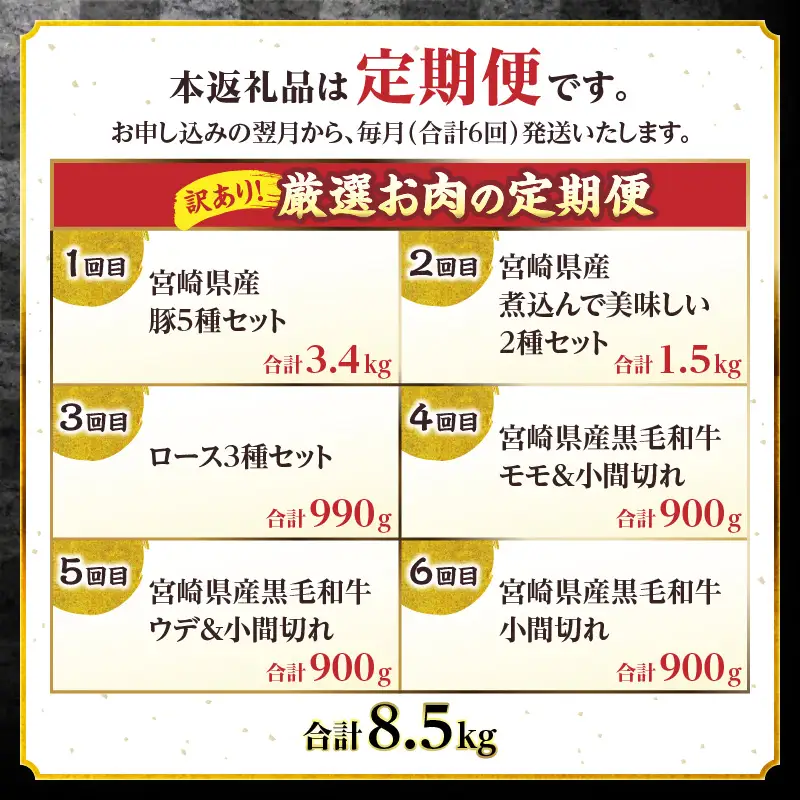 【訳あり】＜定期便＞宮崎県産黒毛和牛・宮崎県産豚肉 6か月コース|肉 牛肉 豚肉 精肉 牛 豚 お肉 宮崎県産 国産 和牛 黒毛和牛 国産牛 国産豚 訳あり 訳あり品 訳あり定期便 牛肉定期便 豚肉定期便 牛豚定期便 6ヶ月 毎月 不揃い 料理 普段使い 小分け パック ストック 冷凍 焼肉 BBQ 人気 おすすめ|