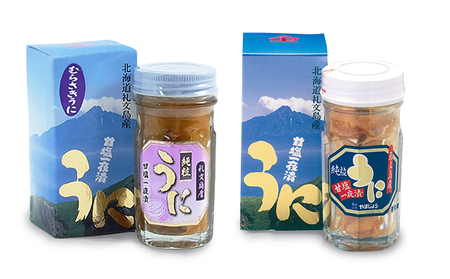 北海道 礼文島産 ウニの甘塩一夜漬け 食べ比べセット (エゾバフン・ムラサキ 60g×各1本)［株式会社やまじょう］【 うに ウニ 雲丹 一夜漬け 塩うに バフンウニ ムラサキウニ 食べ比べ 珍味 おつまみ 贈答 ギフト 】
