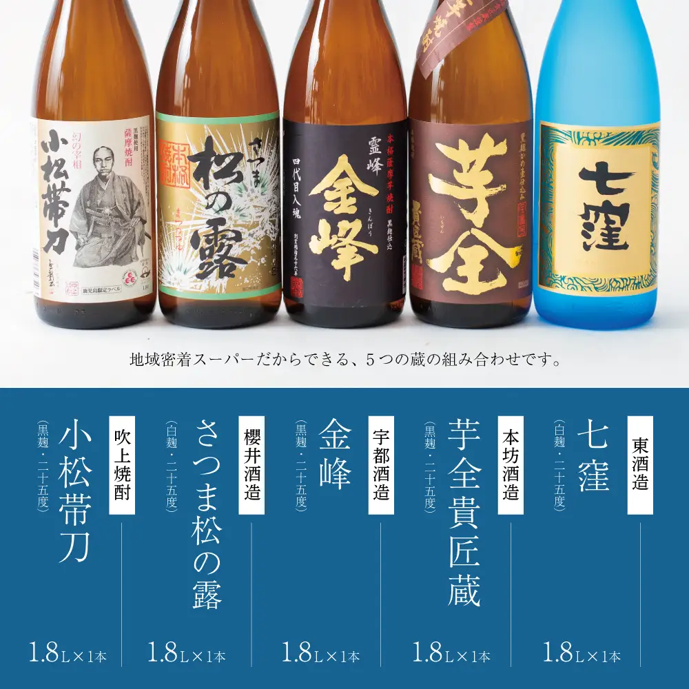 【本格芋焼酎】南さつま厳選芋焼酎 1.8L 5本セット（碧） 飲み比べ 家飲み 宅飲み 芋焼酎 お酒 ギフト ご贈答 お湯割り 水割り ロック 南さつま市 プレゼント 記念品
