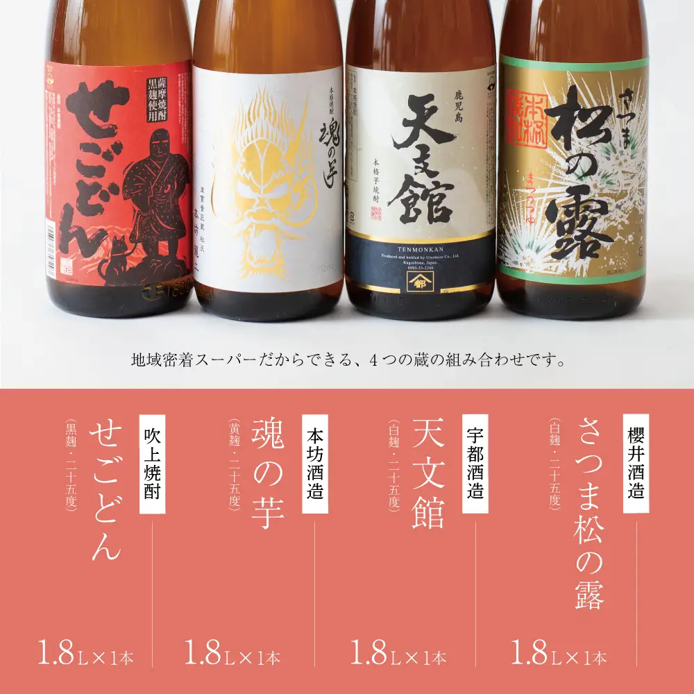 【本格芋焼酎】南さつま厳選芋焼酎1.8L 4本セット（紅） 飲み比べ 家飲み 宅飲み 芋焼酎 お酒 ギフト ご贈答 お湯割り 水割り ロック 南さつま市 プレゼント 記念品