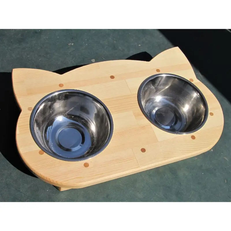 手作り木製2椀付きペット用食器・ペット用水飲み【007D-080】