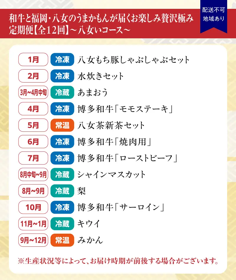 和牛と福岡・八女のうまかもんが届く お楽しみ贅沢極み定期便【全12回】～八女いコース～ ＜配送不可：北海道・沖縄・離島＞ 定期便 豚肉 水炊き あまおう 博多和牛 黒毛和牛 八女茶 シャインマスカット 梨 キウイ みかん 12回 毎月 美味しい 贅沢 旬 福岡県 八女市 072-T059 北海道・沖縄・離島