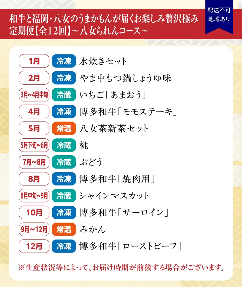 和牛と福岡・八女のうまかもんが届く　お楽しみ贅沢極み定期便【全12回】～八女られんコース～｜＜配送不可：北海道・沖縄・離島＞ 水炊き もつ鍋 焼肉 和牛 サーロイン ローストビーフ ステーキ 新茶 いちご あまおう みかん 桃 ぶどう マスカット 072-T061