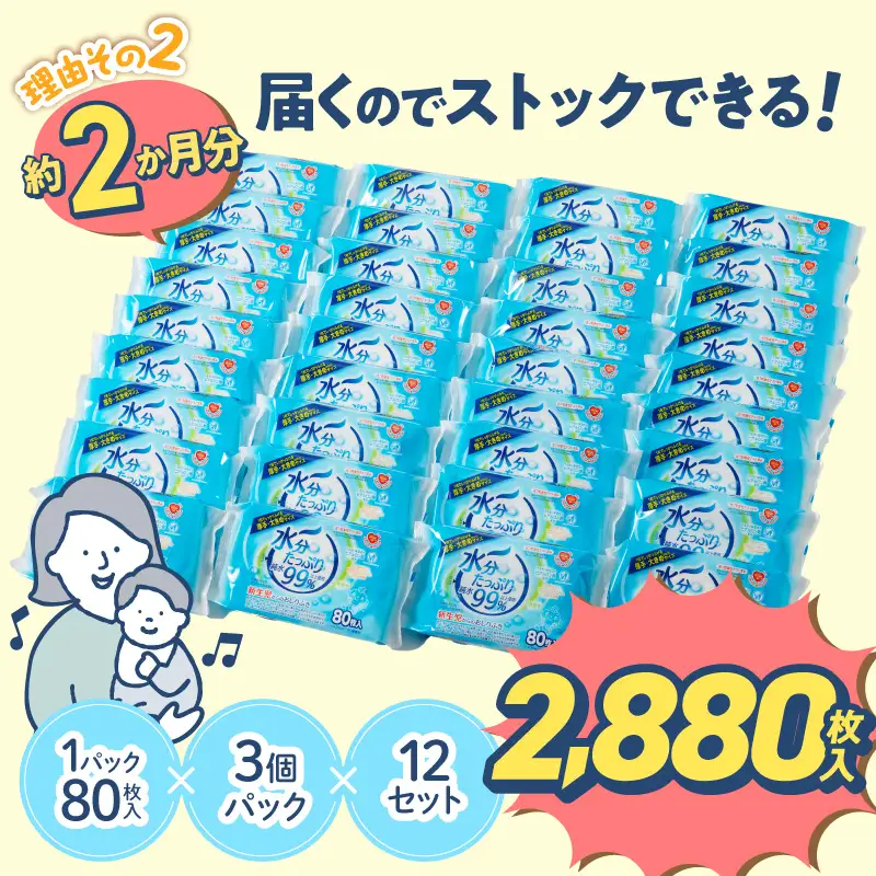 【4回定期便】水分たっぷり純水99％ おしりふき80枚入×3Ｐ×12セット（計144個） [032T02-T]