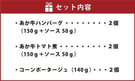 あか牛の煮込みハンバーグとトマト煮込み・ジャージー牛乳を使ったコーンスープのセット 合計1080g 和牛 調理済 牛乳 詰め合わせ ジャージー牛乳 ハンバーグ