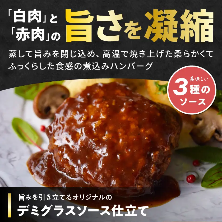 霧島黒豚 3種の煮込みハンバーグ 12個セット (デミグラスソース仕立て・和風おろしソース仕立て・大人の照焼きソース仕立て)〔11-28-001-12〕_(都城市) ハンバーグ 豚肉