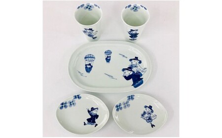 青花 幸せを運ぶクローバーと異人たちの5点セット 小島芳栄堂 A60-58