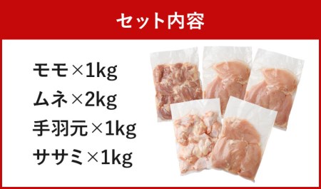 宮崎県産 若鶏5kgセット 鳥肉 もも肉 1kg むね肉 2kg ささみ 1kg 手羽元1kg【B320-2604】