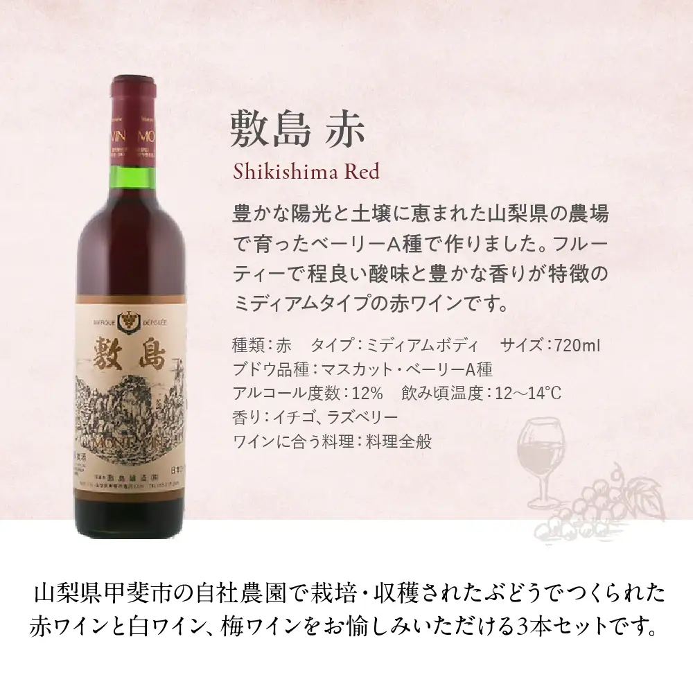 【敷島 赤 ＆ 敷島 白 & 甲州小梅ワイン】720ml × 3本 セット 敷島醸造 白ワイン 赤ワイン わいん 小梅ワイン 辛口 ワインセット 飲み比べ 日本ワイン 国産ワイン 甲州 山梨 甲斐市 F-3