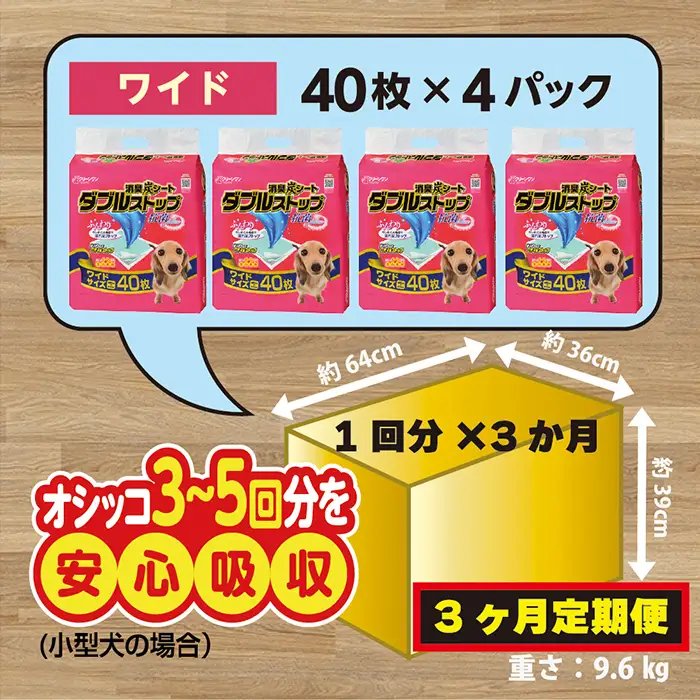 295【3ヶ月連続お届け】定期便 3回 消臭シート ダブルストップ ワイド 40枚×4袋 クリーンワン ペットシーツ 犬用 消臭 抗菌 炭シート ペットシート