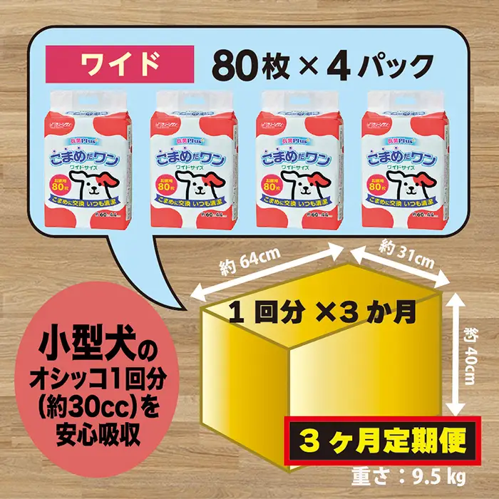 298【3ヶ月連続お届け】定期便 3回 ペットシート こまめだワン ワイド 80枚×4袋 クリーンワン ペットシーツ 犬用 抗菌 こまめに交換 いつも清潔