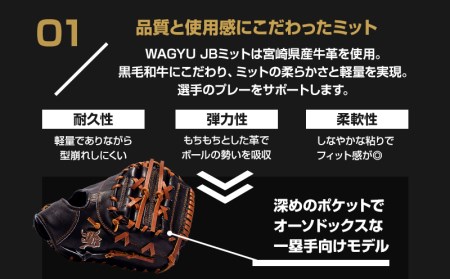 宮崎県産牛革使用 WAGYU JB 硬式用 ミット 一塁手用 JB-003(ブラック/右投げ用)