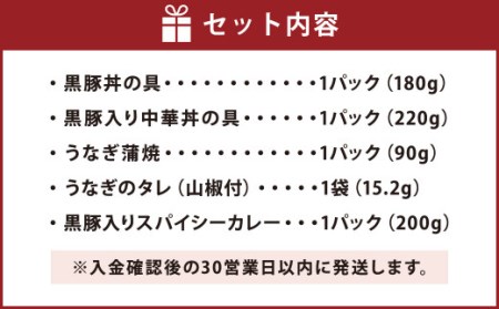 AS-341 鹿児島県産 黒豚・うなぎ 簡単調理（丼物）セット（レンジ対応） 豚丼 中華丼 うなぎ 蒲焼 カレー レンジ 簡単 調理