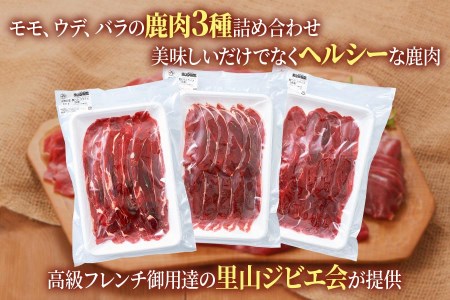 3つの部位が楽しめる「鹿肉スライスセット」(モモ300g×1パック、ウデ300g×1パック、バラ300g×1パック) いろんな料理に使いやすい！[0884]