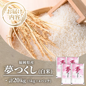 ≪令和7年産≫【白米】【食味鑑定士厳選】福岡県産 夢つくし(計20kg・5kg×4袋) 白米 米 お米 おこめ ごはん ゆめつくし ご飯 常温 福岡県産 ブランド米 常温 常温保存 【ファインリョーコク】as34-002