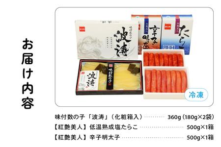 魚卵の彩【海珠】(塩たらこ500g・辛子明太子500g・味付数の子180g×2袋)　お正月　人気　魚卵　高級　 ごはんのお供 惣菜 おかず 珍味 海鮮 海産物 海の幸 魚介 魚介類 魚卵 加工品 おせち R001-028 