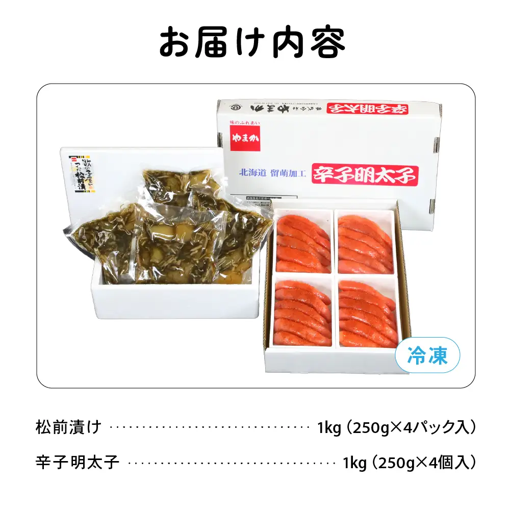 松前漬1kg（250g×4入）･辛子めんたいこ1kg（250g×4入）　お正月　人気　魚卵　高級　小分け 数の子 魚卵 魚 海産物 海の幸 魚介 魚介類 おかず 惣菜 おつまみ つまみ 珍味 酒の肴 お酒のあて お酒のお供 ごはんのお供 冷凍 留萌 おせち R001-025