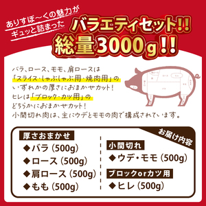 国産 四元豚 おまかせカット バラエティセット 真空パック 総量 3000g ／ ありすぽーく 豚 肉 豚肉 バラ 豚バラ ロース 豚ロース 肩ロース 豚肩 小間切れ 豚小間 切り落とし モモ 豚モモ ヒレ 豚ヒレ 6種類 ６種類 各 500g ５００ｇ 3kg ３ｋｇ 真空 個包装 自宅用 家庭用 人気 おすすめ