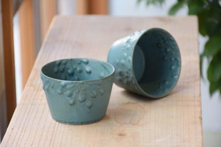 いっちん文様 陶器製 そば猪口 渋い錆浅葱色 2個セット 食器 陶器 器 小鉢 おちょこ 手づくり 焼き物 おしゃれ 広島県 呉市 ku016-006-r