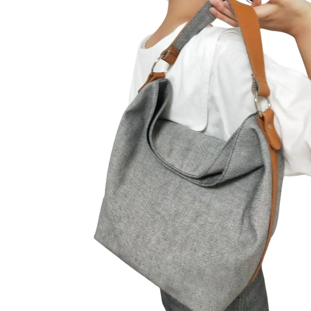 【ふるなびWEEK対象】デニム(グレー)×キャメル革ワンショルダーバッグ　073N-005-GRAY-week8