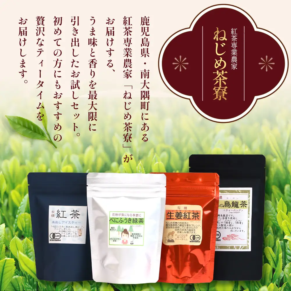 ＜お茶農家の手もみ茶葉＞お試しセット①(4種×1P)NT-509 |国産 有機栽培 茶葉 紅茶 ティーバッグ 生姜 緑茶べにふうき 烏龍茶 水出し アイスティー 手もみ 飲料 ドリンク 茶 お茶 南大隅町 鹿児島県 